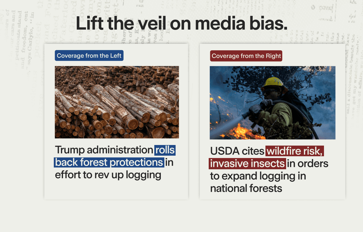 Two headline cards showing how differently left and right outlets cover the same story